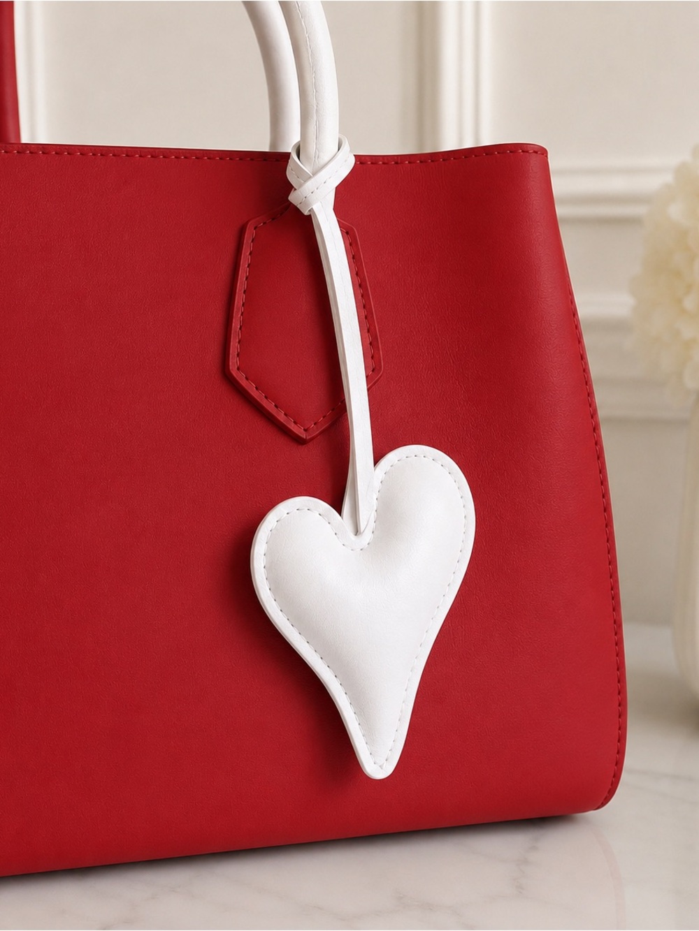 White Faux Leather Puffy Heart Bag Charm Keychain